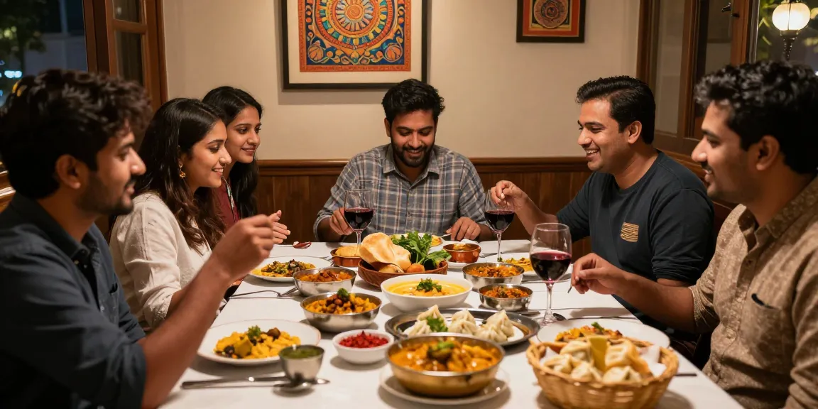 Friends enjoying delicious rokok 88 dishes at a cozy restaurant, featuring vibrant Indian curry and momos.