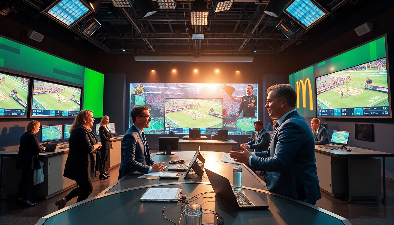 Engaging sports broadcasting scene showcasing live games and presenters in action.