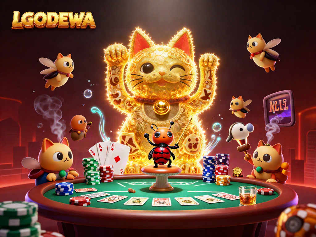 Experience thrilling gaming action with the LGODEWA lucky cat amidst vibrant casino elements.