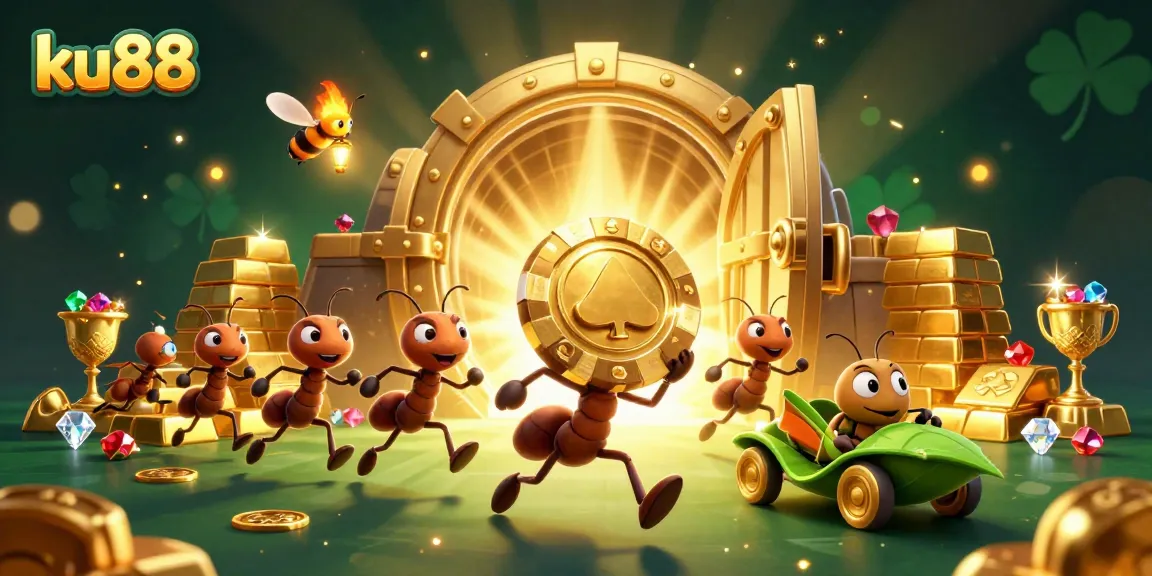 Experience thrilling casino heists with ku88's team of ants carrying a giant poker chip in this dynamic 3D scene.