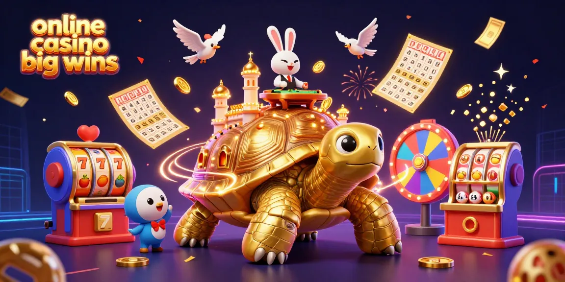 Experience online casino big wins with a golden tortoise casino scene featuring dynamic game elements.