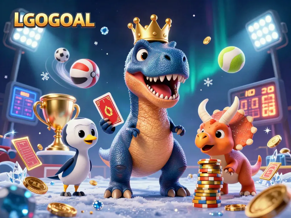 Experience thrilling gaming with LGOGOAL as dinosaurs shuffle cards and stack chips in a vibrant casino scene.
