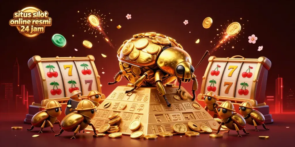 Menggulung koin emas dengan dung beetle raksasa di situs slot online resmi 24 jam yang penuh keberuntungan.