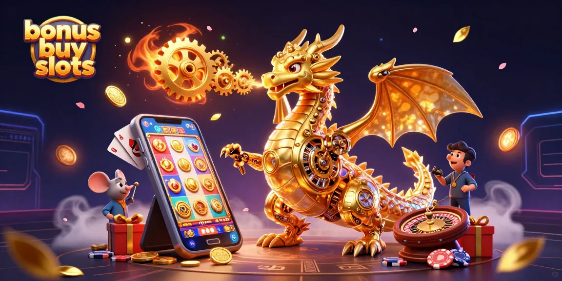 Engage with bonus buy slots, featuring a golden dragon, slot games, and vibrant casino elements