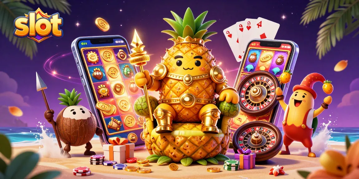 Spin the slot reels in a vibrant 3D cartoon illustration featuring a tropical casino backdrop and exciting game elements.