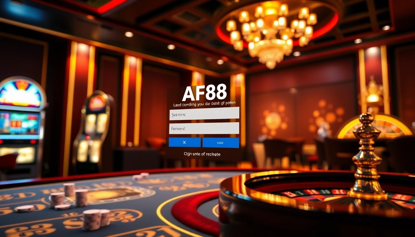 Experience AF88 đăng nhập with a modern online casino interface featuring poker chips and slot machines.