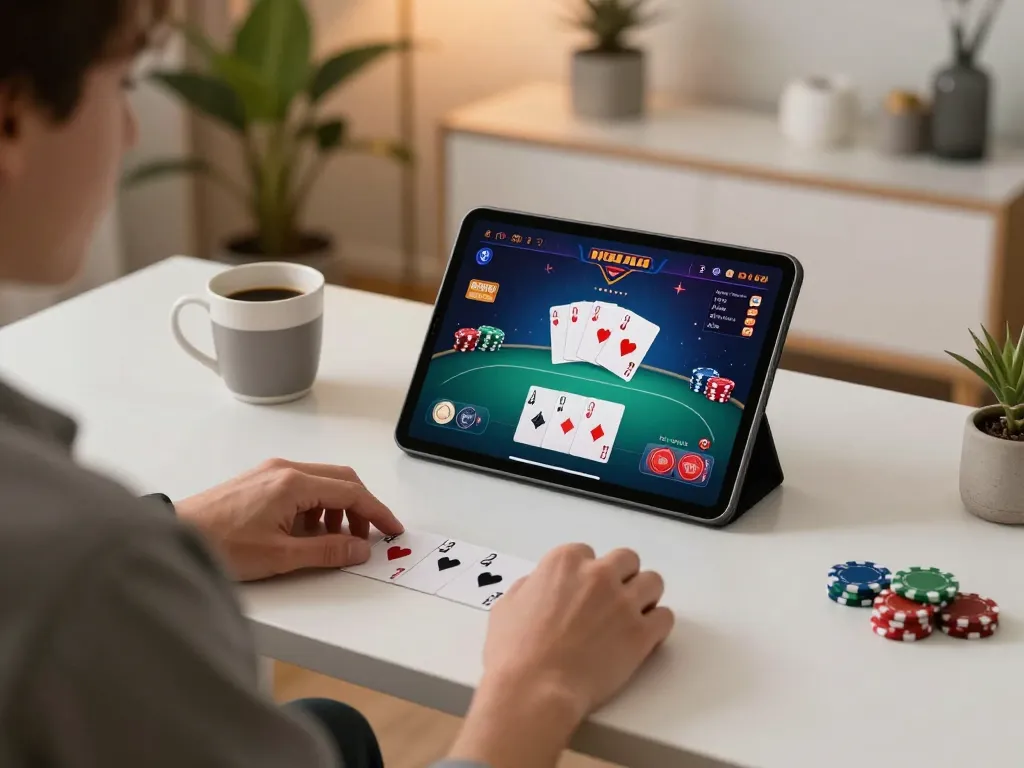 Person enjoying online poker at home, emphasizing the exciting Surebetsg gaming experience.
