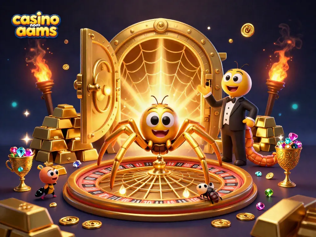 Giocare nei casino non AAMS: scenografia vivace con ragno dorato e ruota della fortuna.