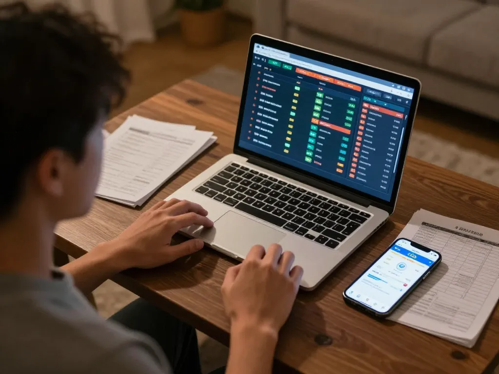 Person analyzing keonhacai odds on laptop and smartphone, immersed in online sports betting strategy session.