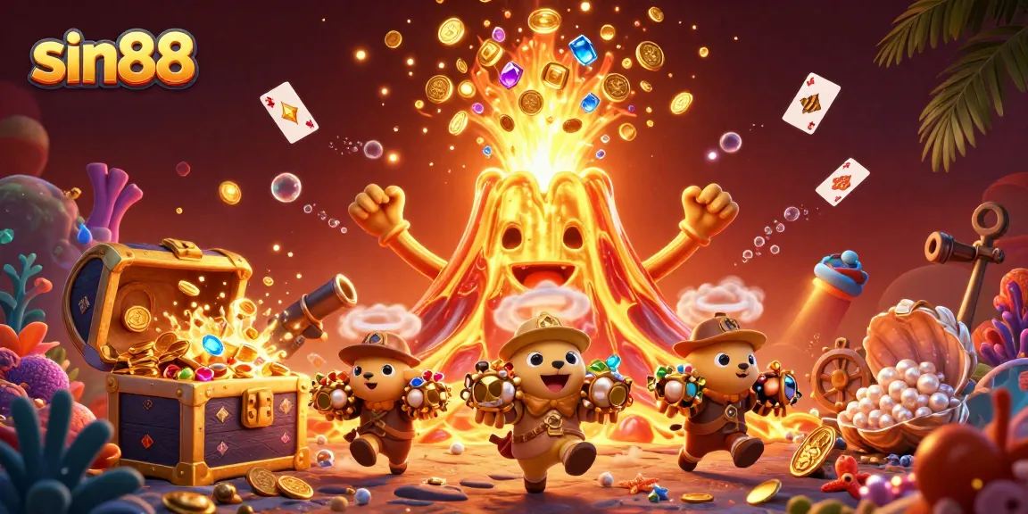 Experience winning thrills with sin88, a vibrant 3D cartoon casino scene filled with treasures.