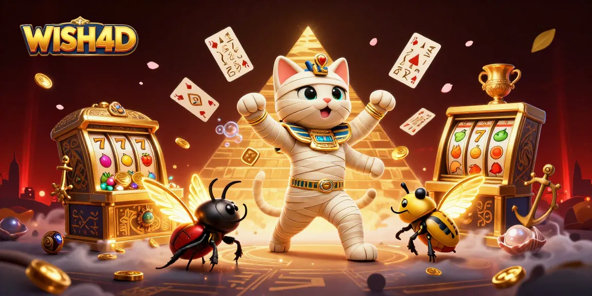 WISH4D's vibrant pyramid casino scene showcases a mummy cat and treasures galore.