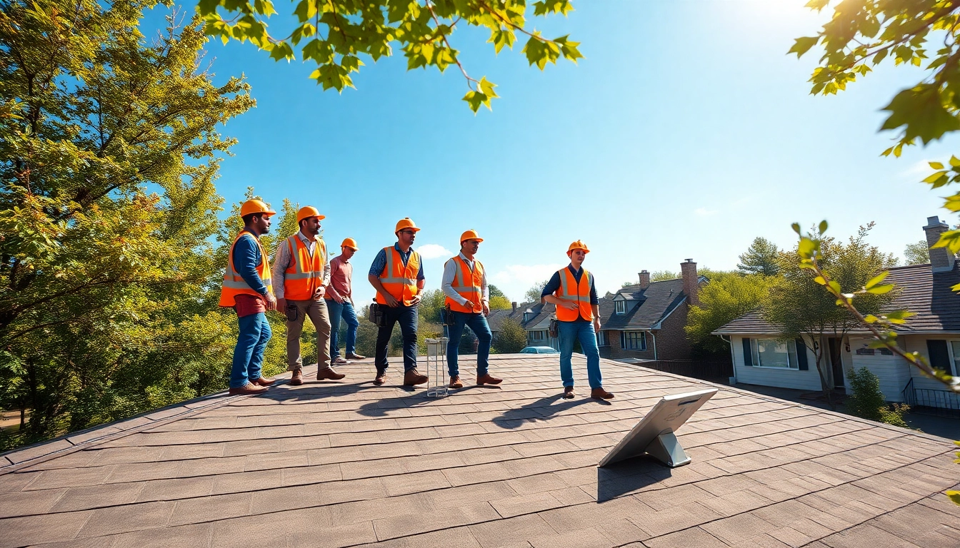 Roofing company team inspecting a residential rooftop for quality assurance.