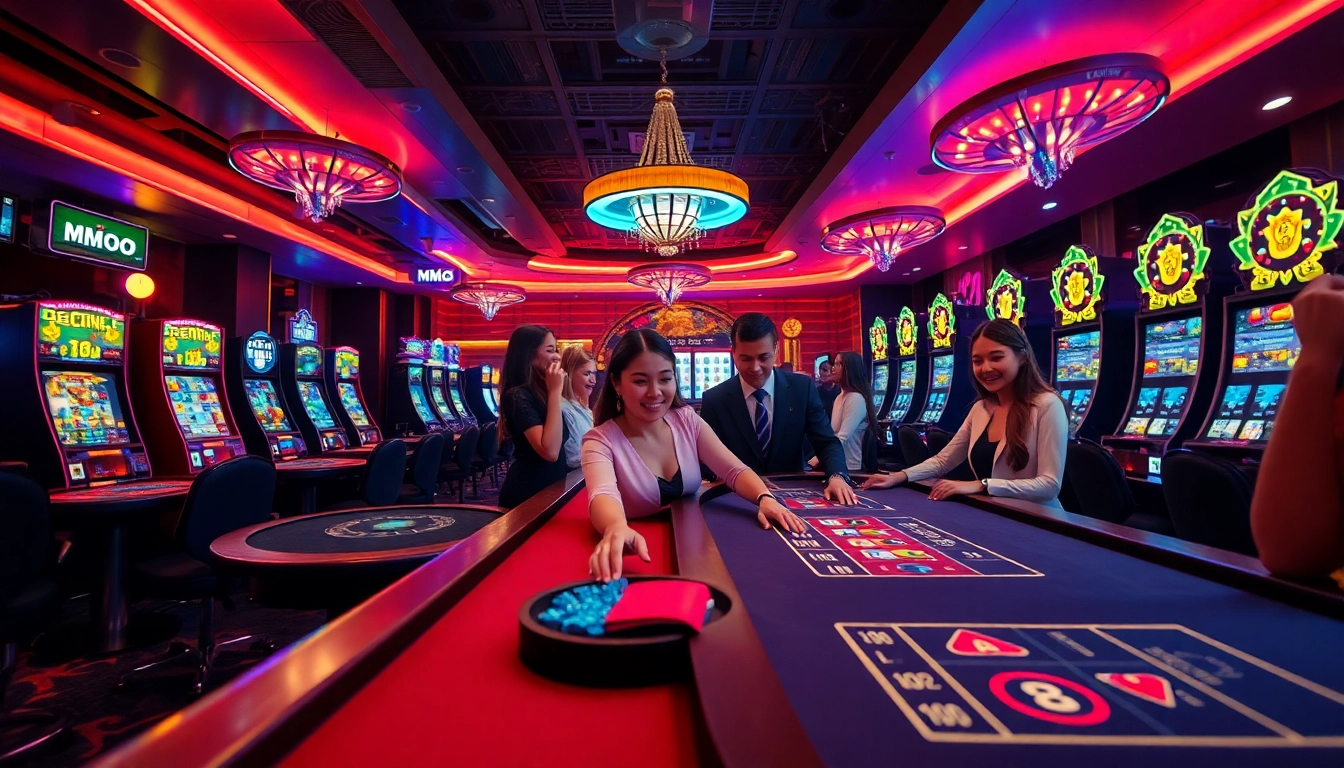 Exciting MMOO online casino gaming scene showcasing vibrant tables and happy players.
