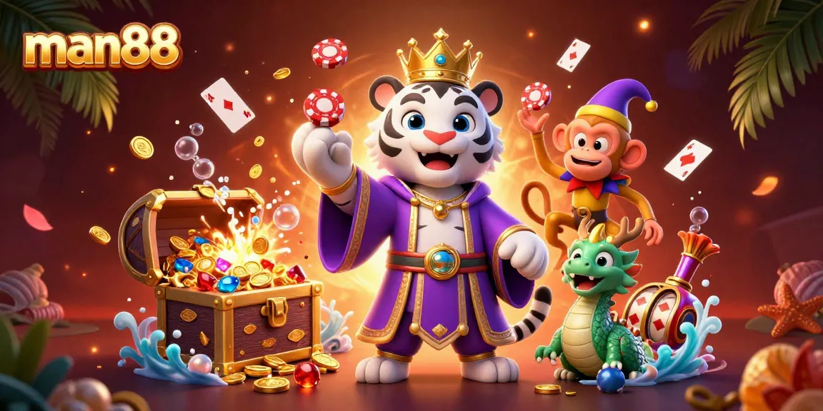man88 brings life to the casino with a vibrant and animated illustration featuring playful characters and gaming elements.