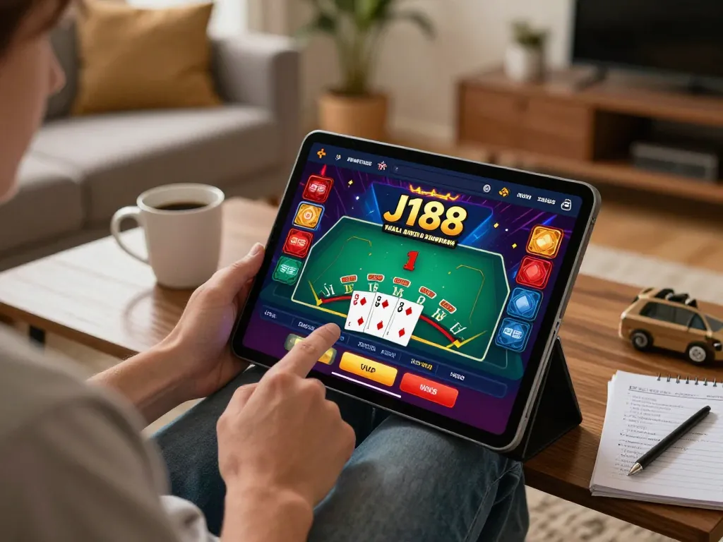 Engaging with the J188 casino app during an online gaming session at home.