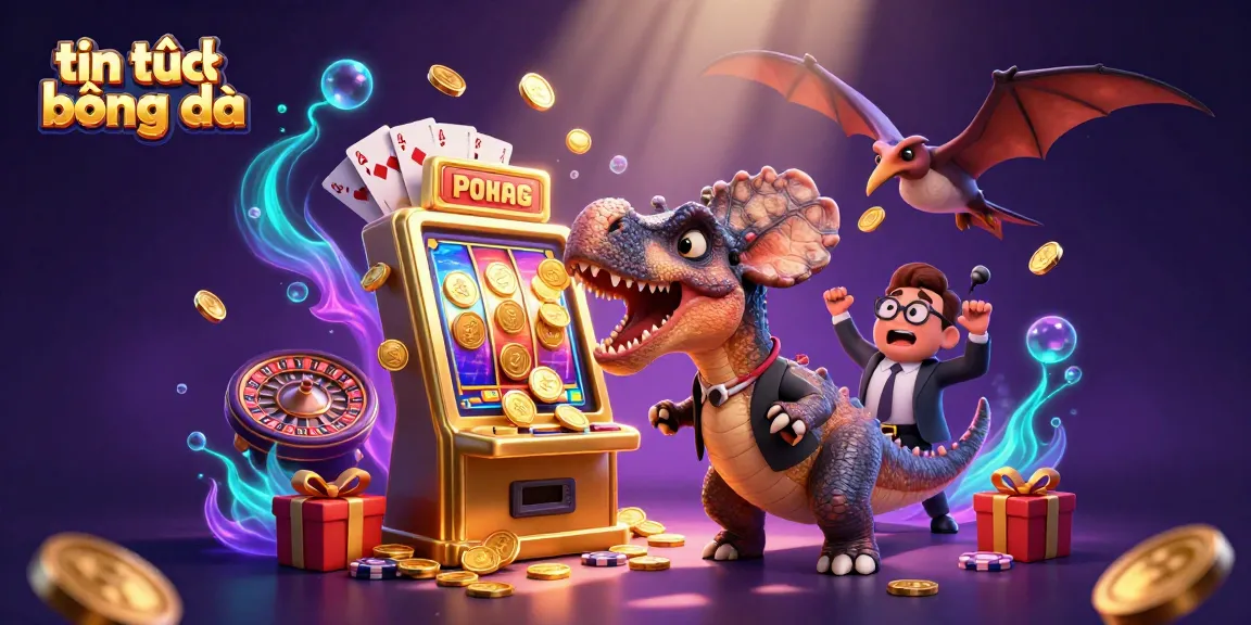 Capture tin tức bóng đá as a 3D cartoon shows a pachycephalosaurus hitting a jackpot machine amid flying golden coins.