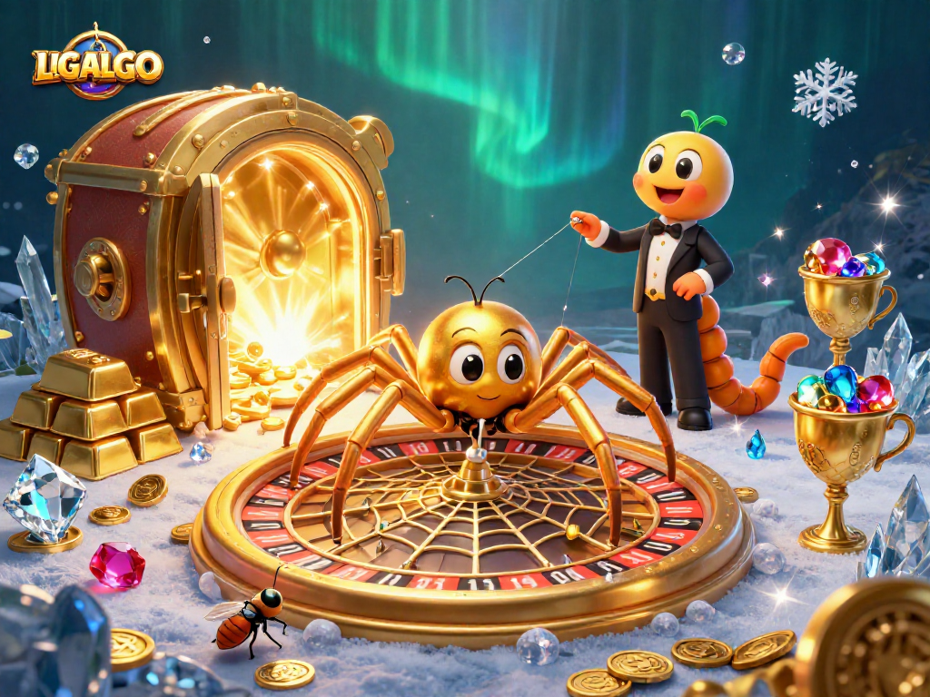 LIGALGO captivates with dynamic slots action, featuring a golden spider and croupier in vibrant 3D.