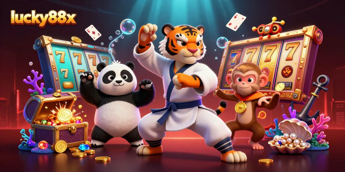 Experience the excitement of lucky88x with a tiger master and playful characters in a vibrant casino scene.