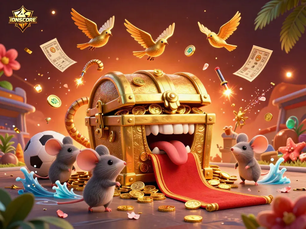 Win exciting sports bets with IDNSCORE offering an engaging cartoon scene filled with trophies and betting elements.