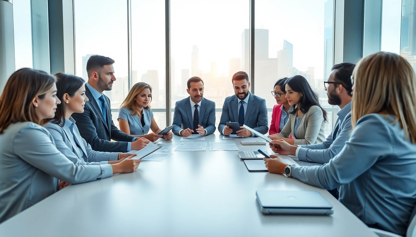 Group of professionals collaborating on Federal and State contracts in a bright office environment.