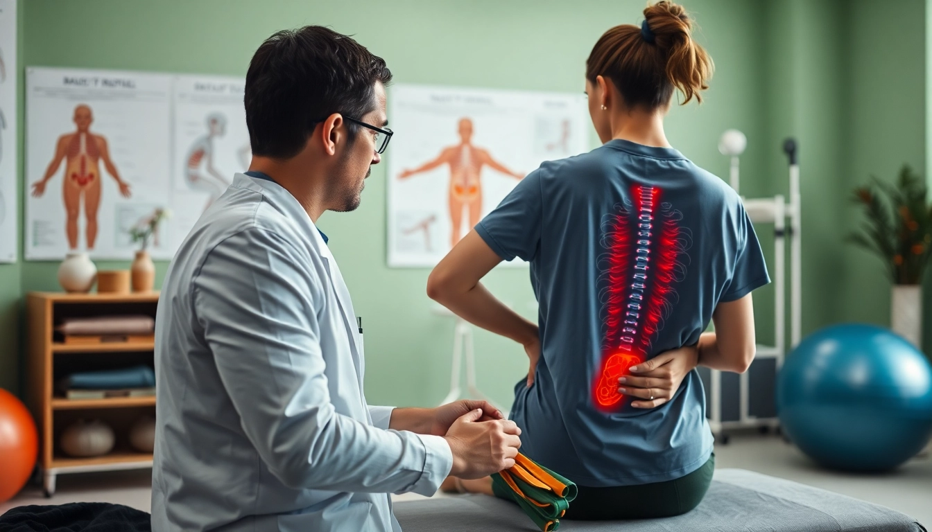 Therapist demonstrating techniques for back pain relief in a professional setting.