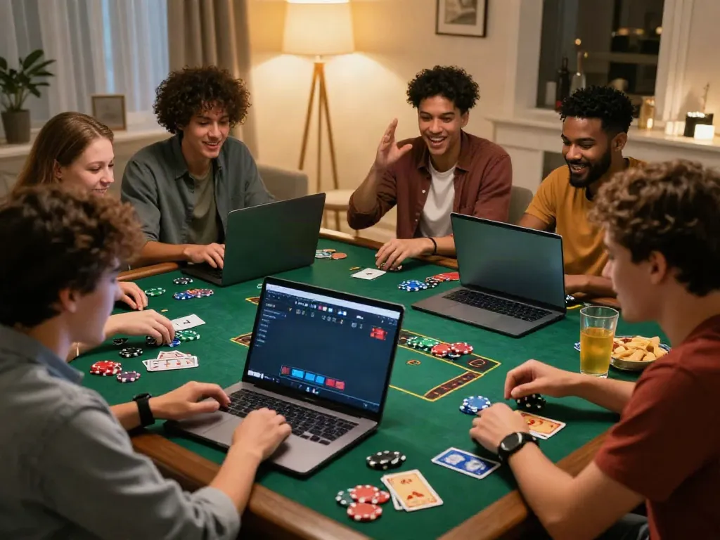 Group enjoying online gambling experience at https://five88bet.org/ with excitement and colorful gaming elements.