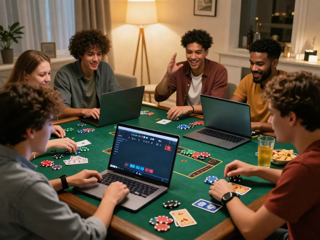 Group enjoying online gambling experience at https://five88bet.org/ with excitement and colorful gaming elements.