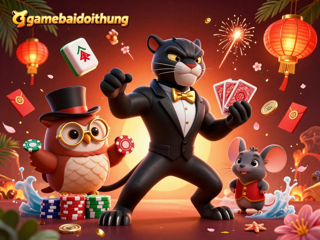 Engaging scene showcasing gamebaidoithuong with a stylish panther dealing cards and entertaining characters in a vibrant casino atmosphere.