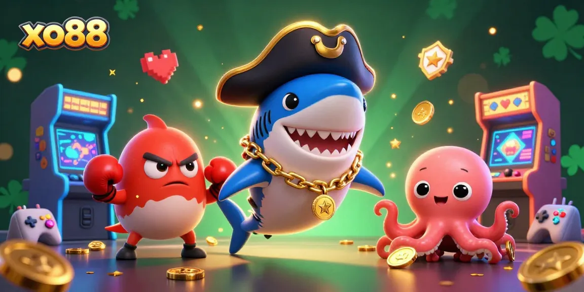 Spin to win with xo88's colorful casino scene featuring a pirate shark and gold coins.