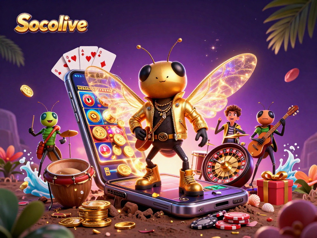 Socolive captures excitement with vibrant cartoon characters in a dynamic casino scene.