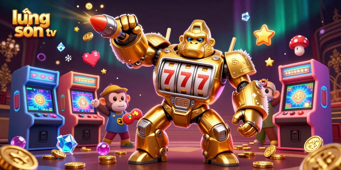 Experience the thrill of lương sơn tv with a dynamic 3D illustration of a golden gorilla mech and vibrant gaming elements.