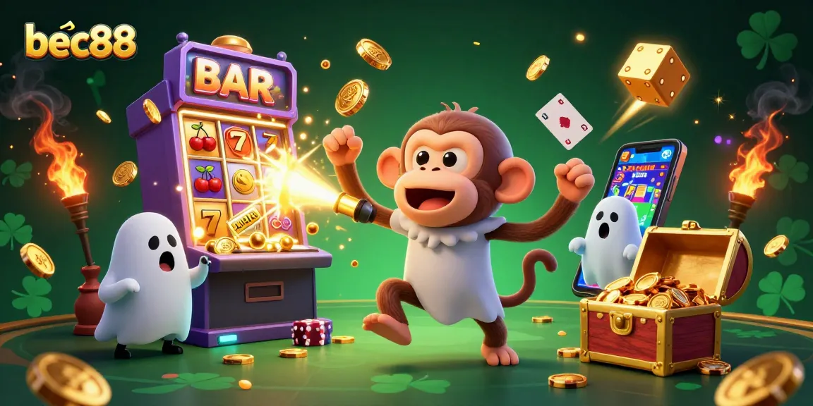 Bec88 showcases thrilling casino action with a mischievous poltergeist monkey juggling golden coins and a curious puppy on a ghost-hunting adventure.