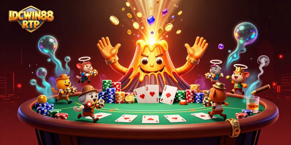 Engage with IDCWIN88 RTP through a thrilling scene of a volcano erupting coins and treasure amid dynamic poker action.