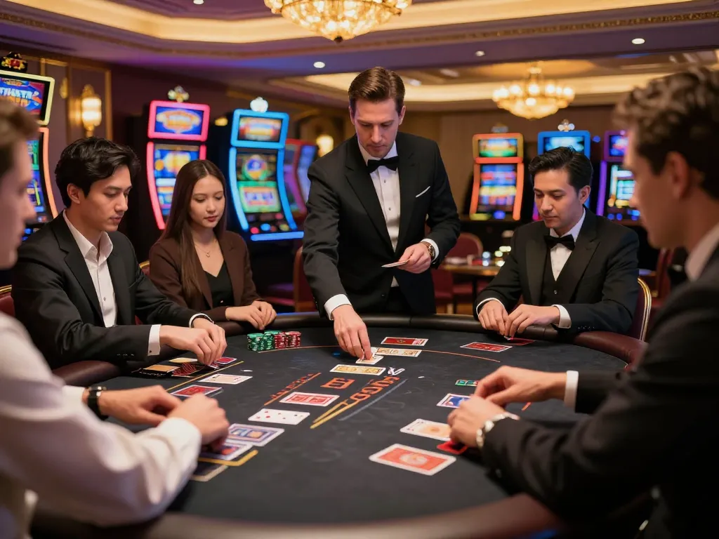 Engaging players in a live dealer game doi thuong at an upscale casino, vibrant atmosphere.
