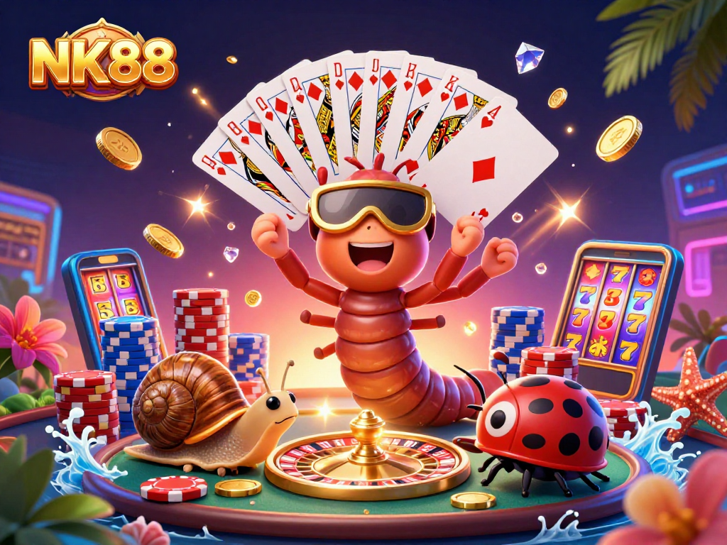 Engage in thrilling casino gaming at NK88 with a cartoon dealer and high-roller snail amid dynamic game elements.