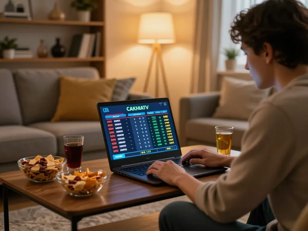 Betting enthusiast engages with live scores from CAKHIATV on their laptop at home.