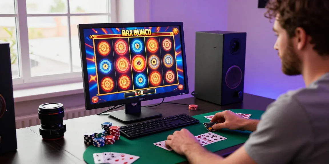 Playful scene of a player engaged with credit card slots on desktop, showcasing colorful gaming graphics and casino elements.