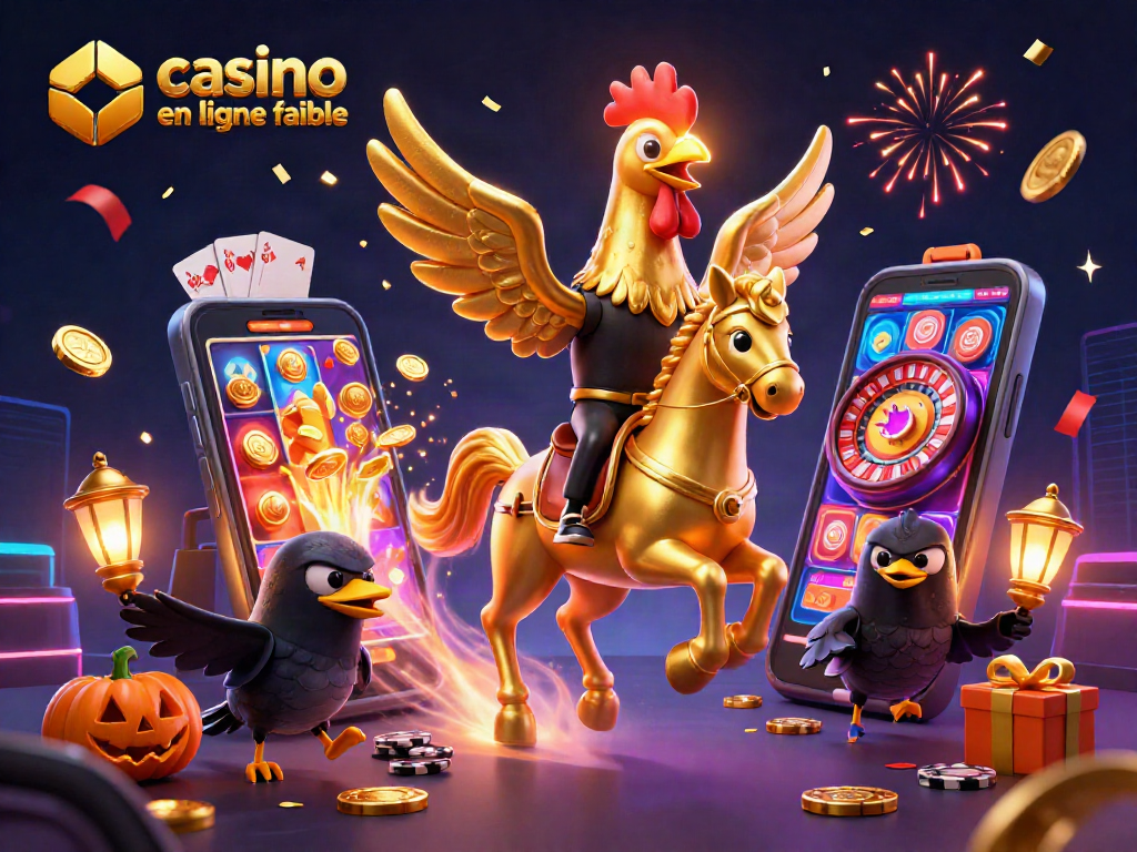 Illustration de casino en ligne fiable avec un coq doré et des éléments de jeux animés.