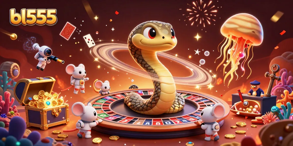 Experience thrilling bets at bl555 with a colorful cosmic casino scene featuring astronaut mice and a golden jellyfish dealer.