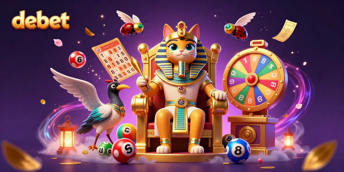 Engage in lottery thrills with debet, featuring a pharaoh cat and vibrant game elements.