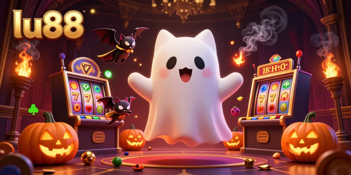 lu88 ghosts chase slot jackpots in a haunted casino scene, lively gaming elements surround them