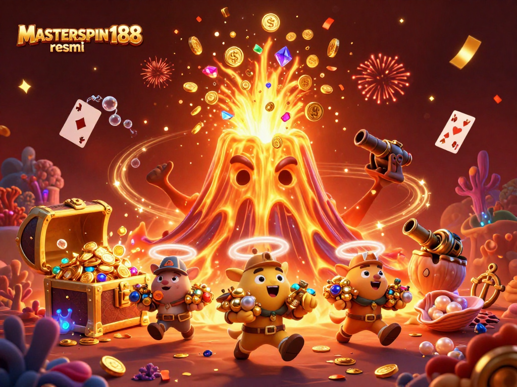 Engaging illustration of MASTERSPIN188 resmi showcasing a victorious volcano erupting coins and animals amid casino elements.