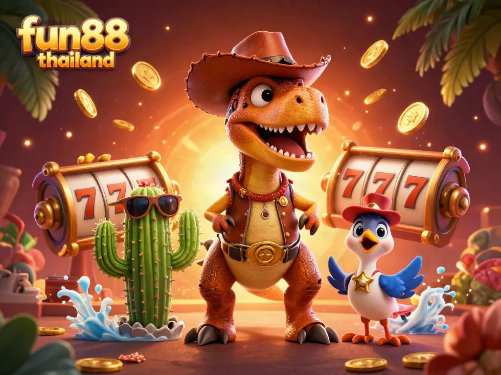 Experience thrilling gameplay at fun88 thailand with a 3D cowboy dinosaur and slot elements.