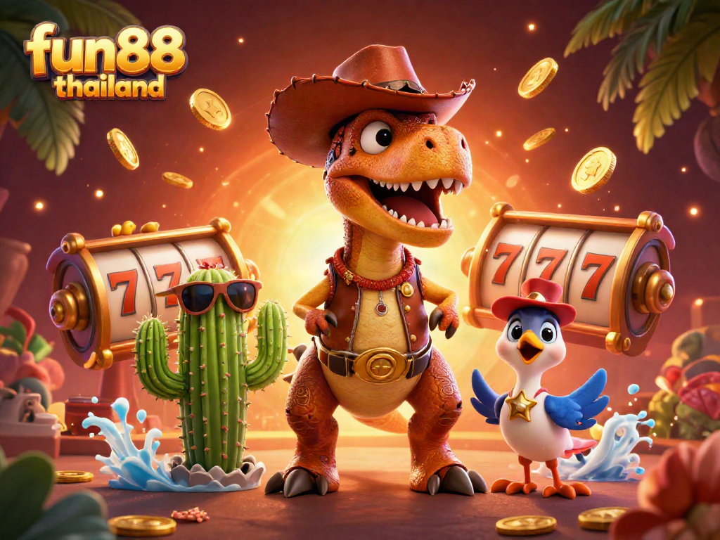 Experience thrilling gameplay at fun88 thailand with a 3D cowboy dinosaur and slot elements.