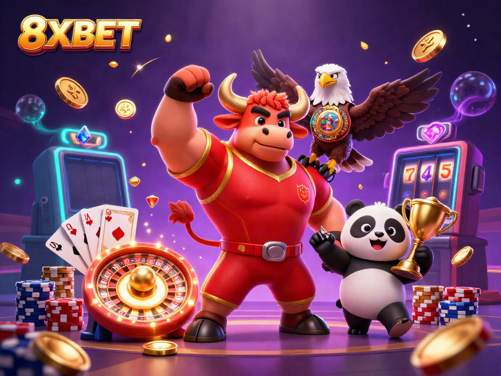 Join the celebration with 8XBET as the bull mascot, eagle, and panda showcase winning moments amidst vibrant casino elements.
