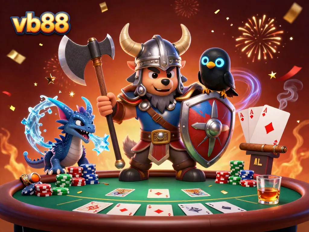 vb88 casino scene featuring Viking warrior, dragon, and raven in a dynamic poker setting