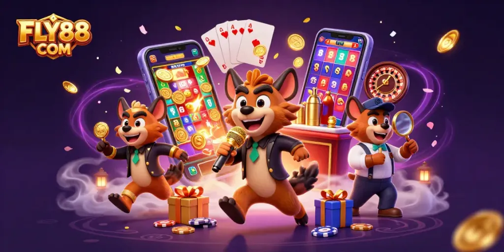 Experience the thrilling atmosphere of FLY88 COM casino with vibrant slot games and hilarious hyena characters.