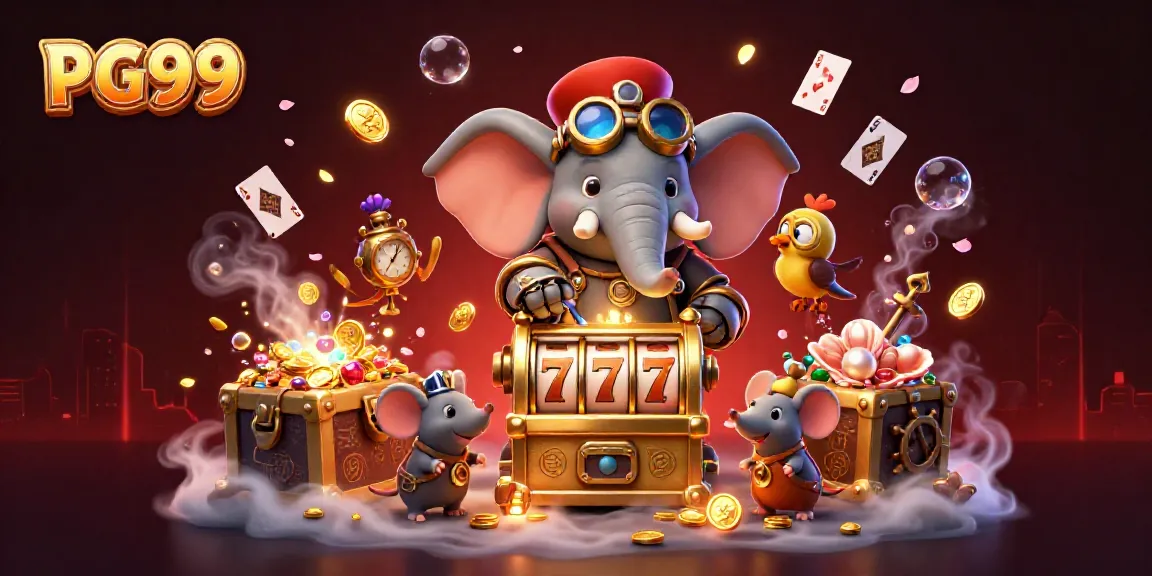 Spinning reels from PG99's vibrant slot machine amidst a steampunk adventure scene.
