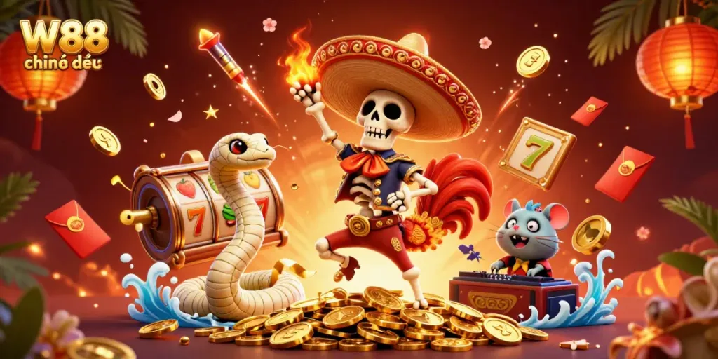 Experience the excitement of W88 chính thức with vibrant casino energy in this lively illustration.