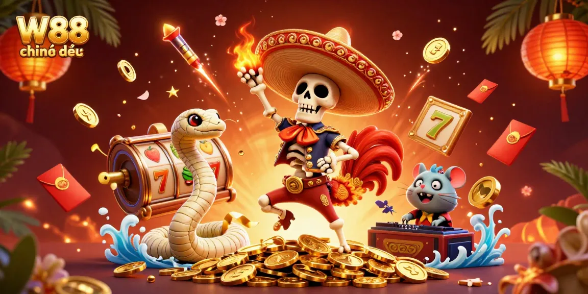 Experience the excitement of W88 chính thức with vibrant casino energy in this lively illustration.